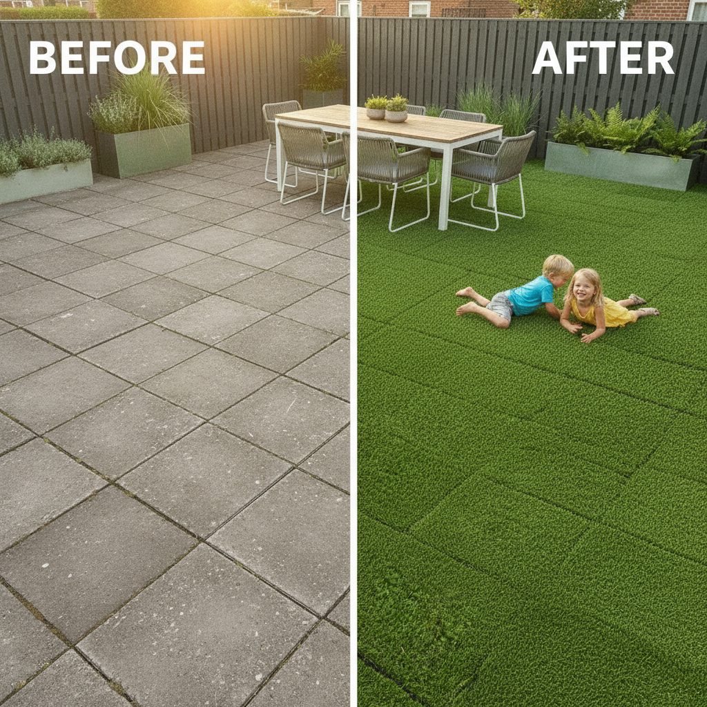 Before and after rubber grass tiles — plain concrete transformed to lush green garden surface