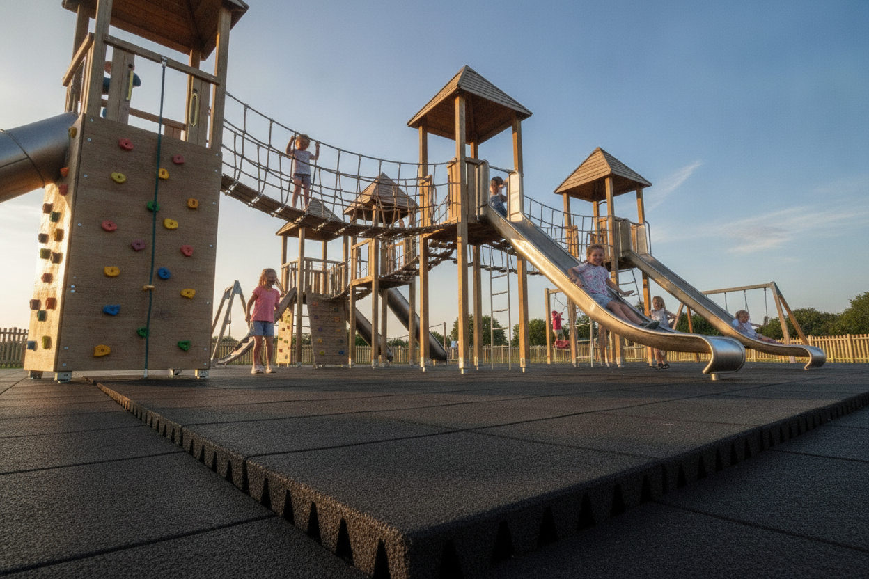 Thick rubber playground tiles installed beneath UK adventure play structure — up to 3.0m CFH