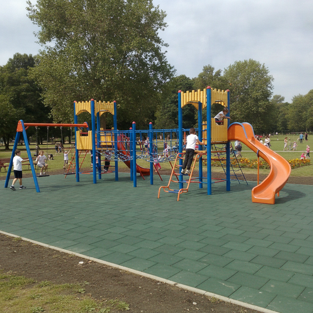 Green 40mm rubber playground tiles installed beneath UK adventure play structure