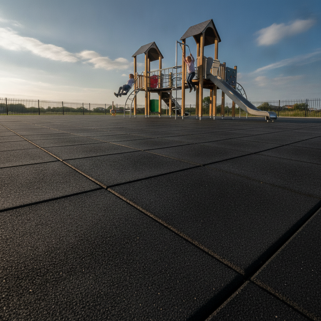Black 40mm rubber playground tiles — low angle hero shot showing tile surface with UK adventure playground