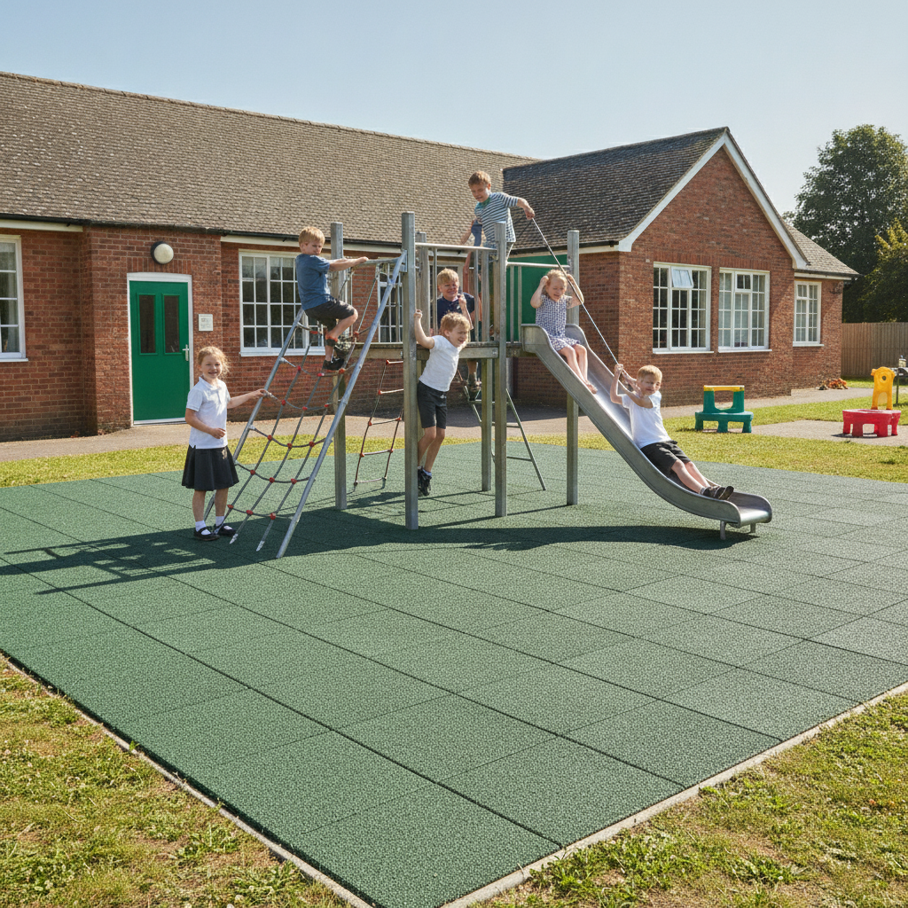 Green 30mm rubber playground tiles installed beneath UK primary school climbing frame