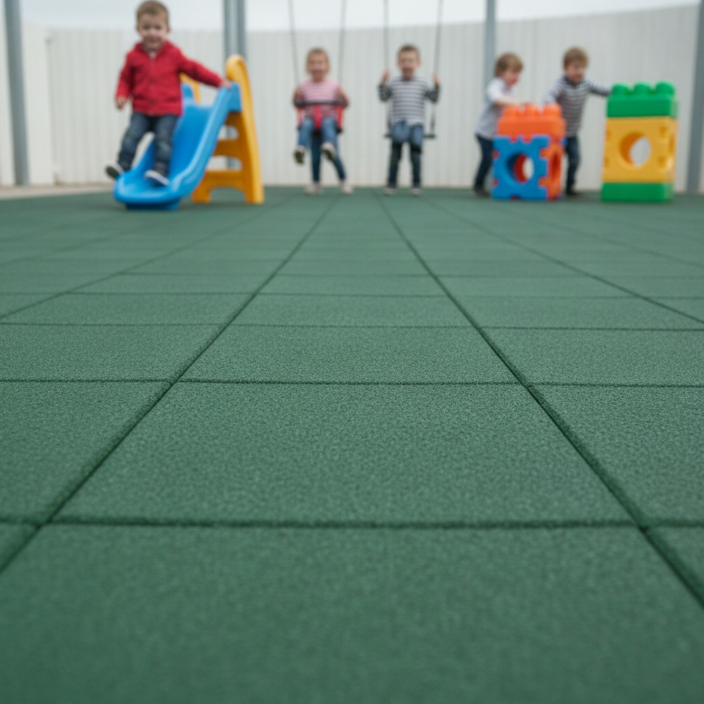 Green rubber playground tiles in UK nursery school outdoor play zone