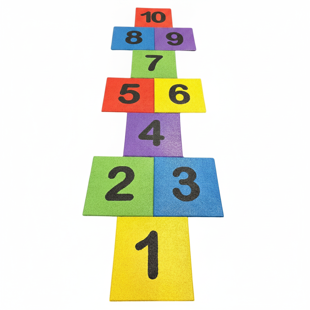 Complete 10-tile rubber hopscotch set numbered 1-10 — yellow, green, blue, purple, red colours