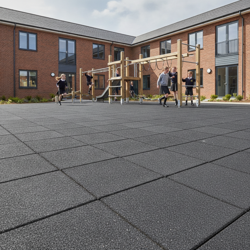Dark grey rubber playground tiles installed in UK school courtyard — children playing on trim trail