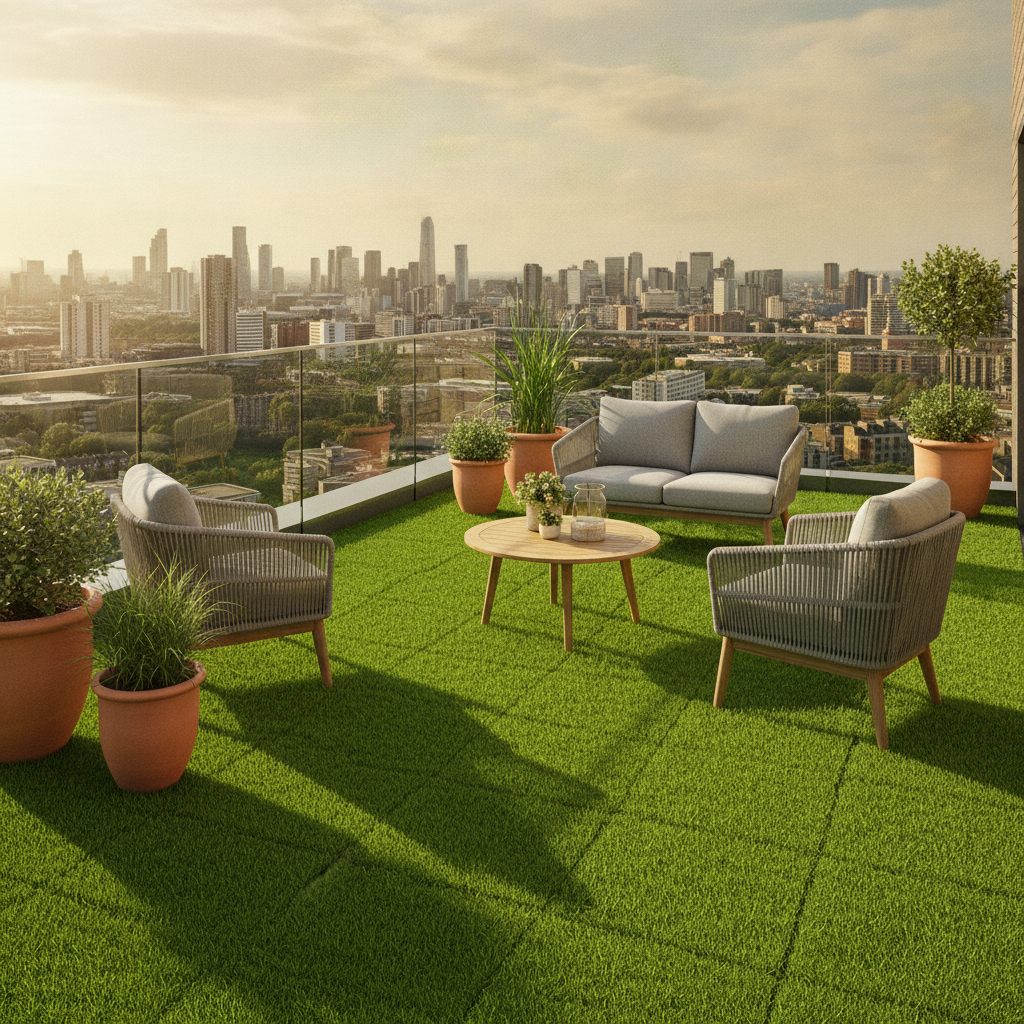 Rubber grass tiles installed on modern UK rooftop terrace — lush green surface