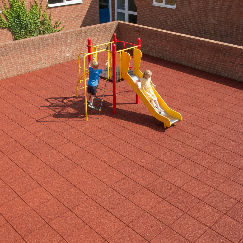 Red 20mm rubber playground tiles installed in UK school playground courtyard