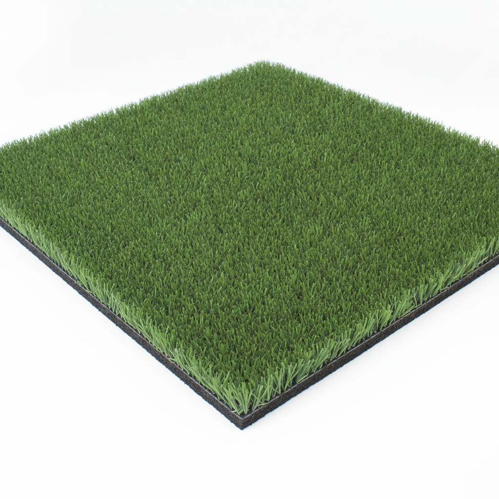 Single rubber grass tile on white background — 1m x 1m x 40mm artificial turf and rubber base