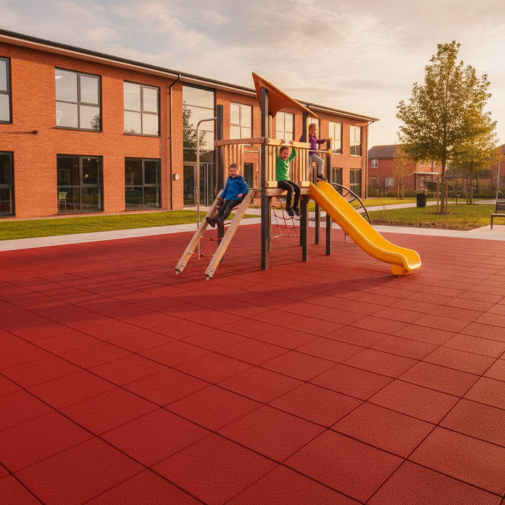 Red 40mm rubber playground tiles installed in UK school playground — golden hour