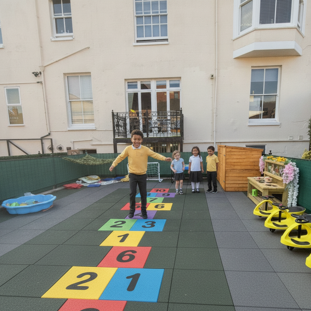 Children playing hopscotch on colourful rubber numbered tiles in UK primary school playground