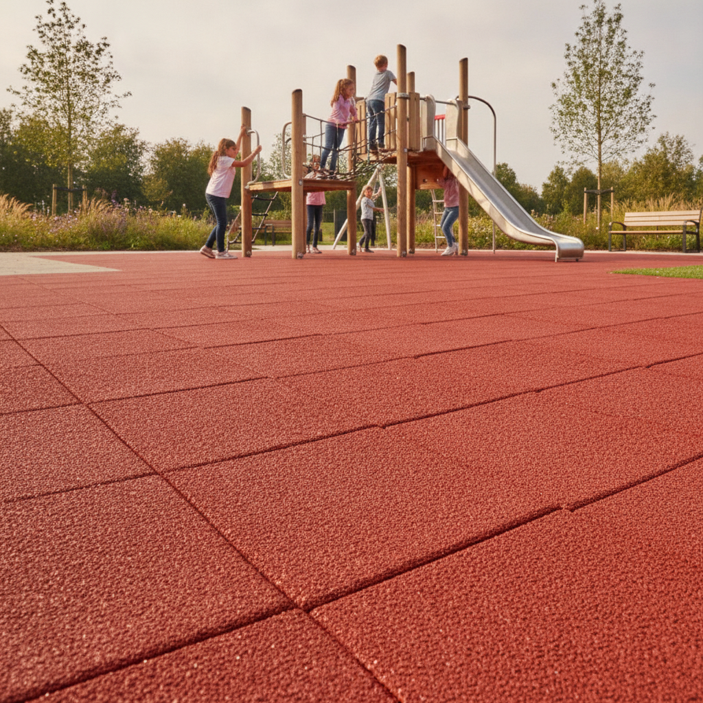 Red rubber playground tiles in UK public park adventure play area — children playing
