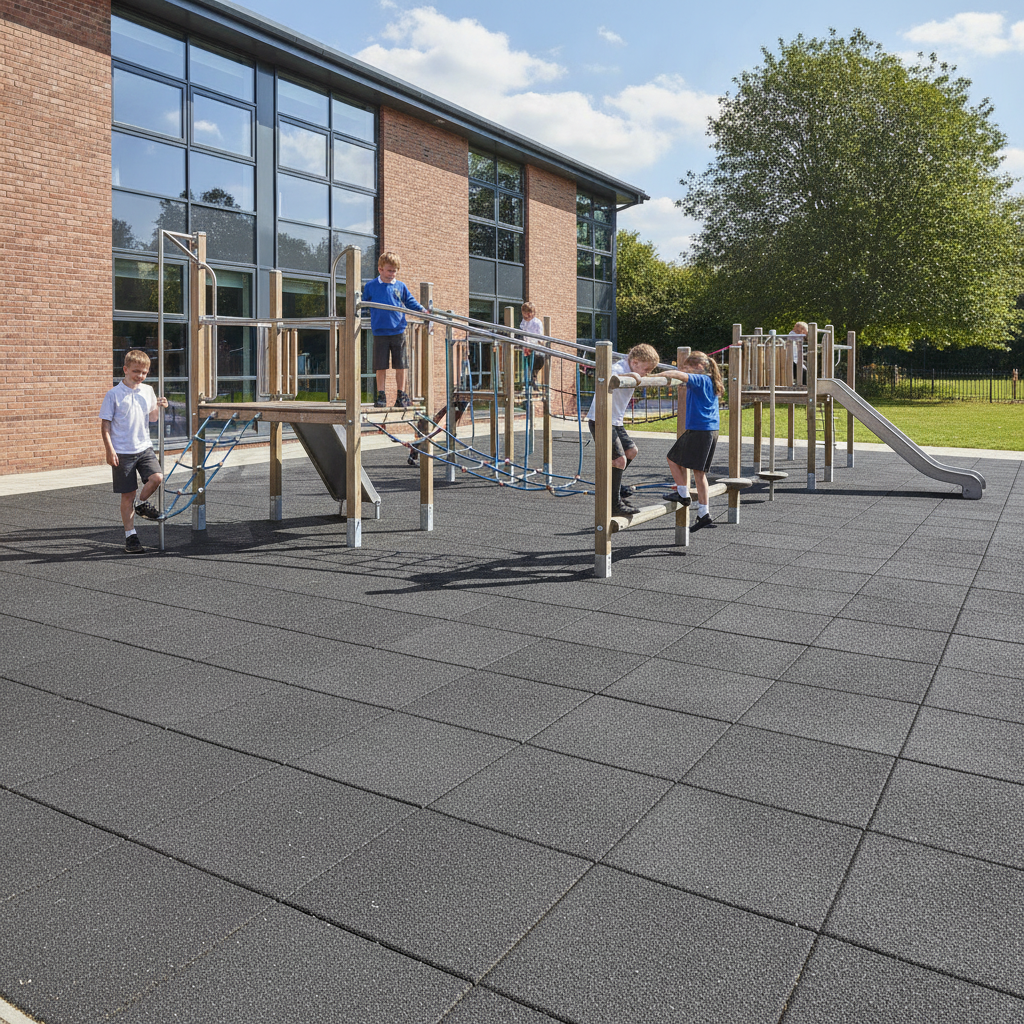 Grey 30mm rubber playground tiles installed beneath UK primary school climbing frame
