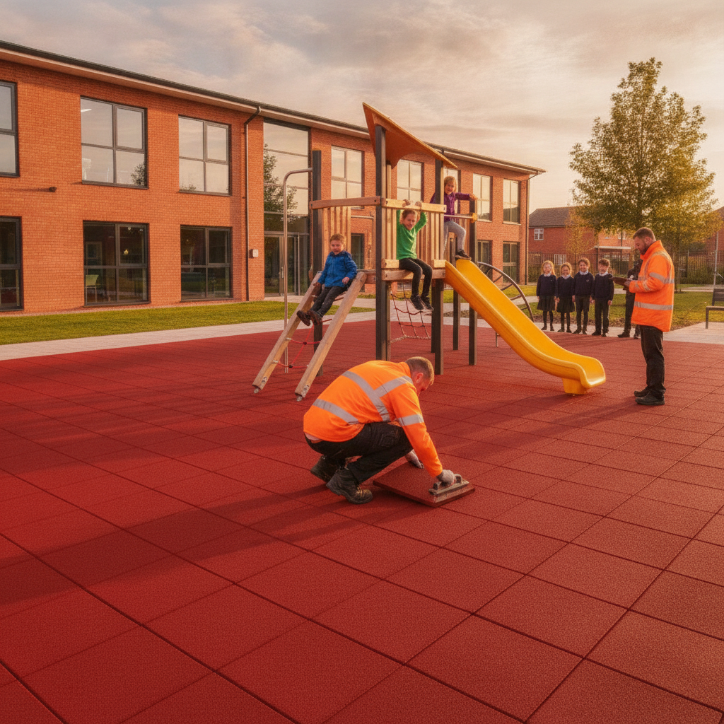 Contractors installing red rubber playground tiles at UK school