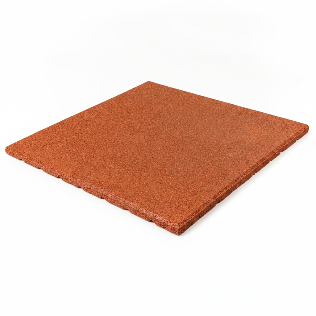 Red 20mm rubber playground tile on white background — 500mm x 500mm