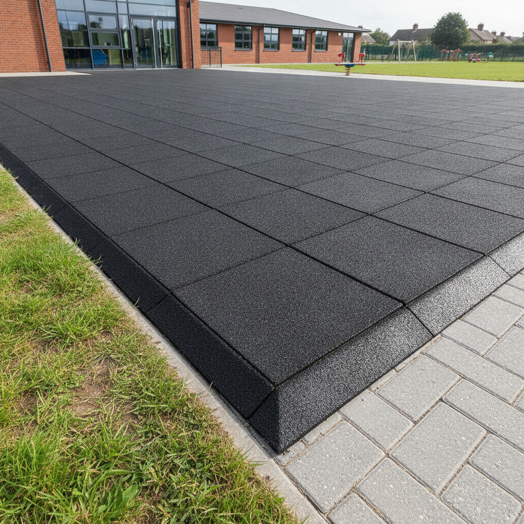 Black rubber playground ramped edge installed along school playground perimeter