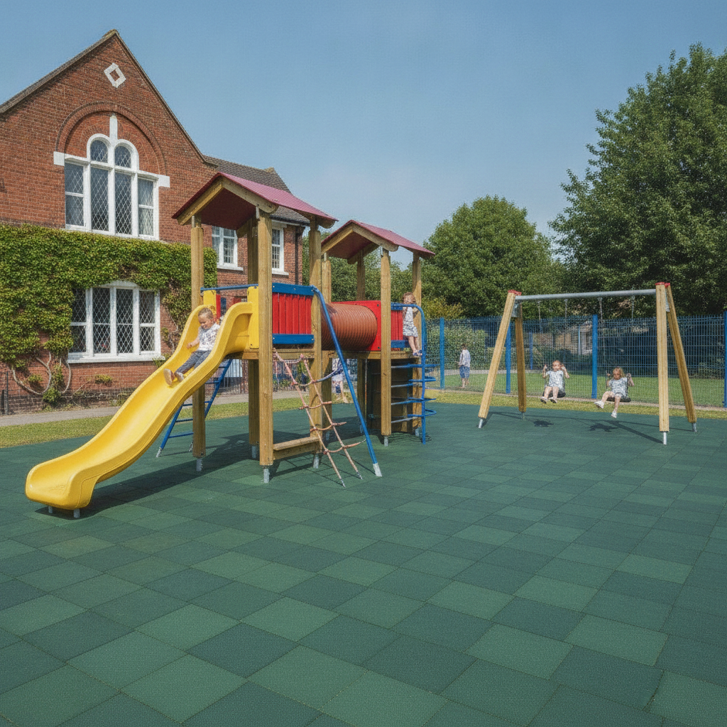 Green 20mm rubber playground tiles installed beneath UK primary school climbing frame