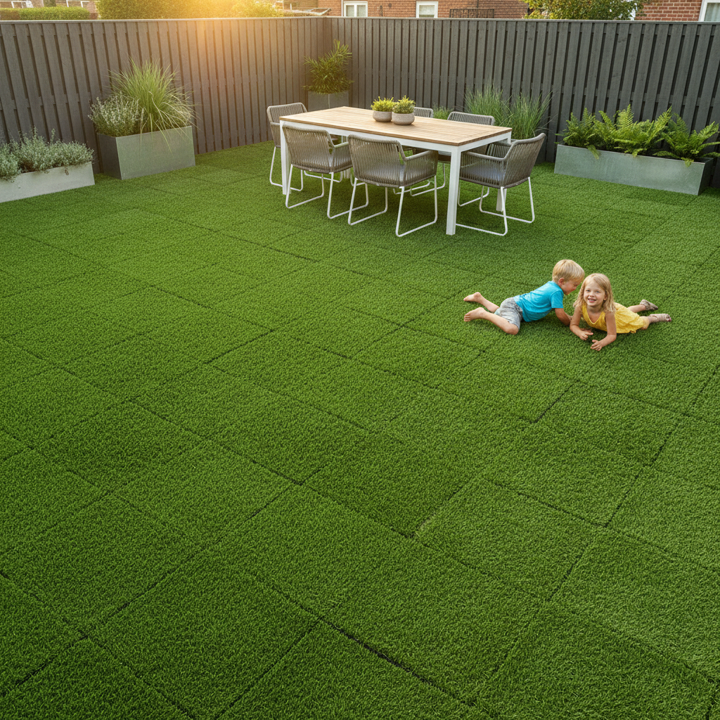 Rubber grass tiles in UK garden patio area with children playing — 1m x 1m tiles