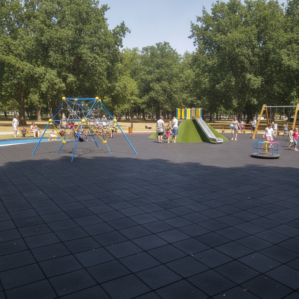 Black 30mm rubber playground tiles installed in UK public park play area