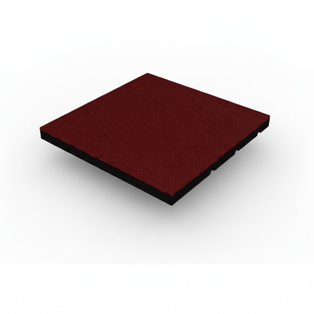 Red 40mm rubber playground tile on white background — 500mm x 500mm x 40mm