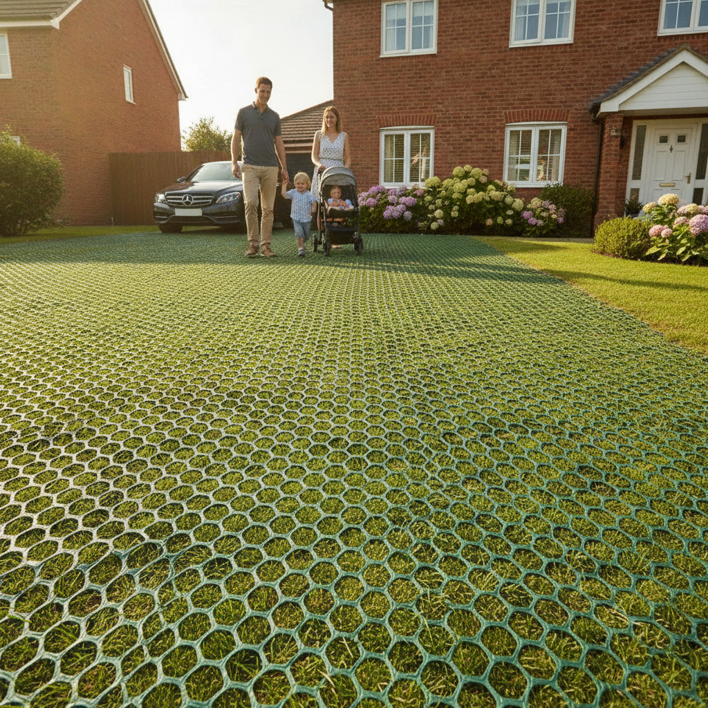 Ground stabilising mesh installed as reinforced grass driveway at UK home — family walking on surface