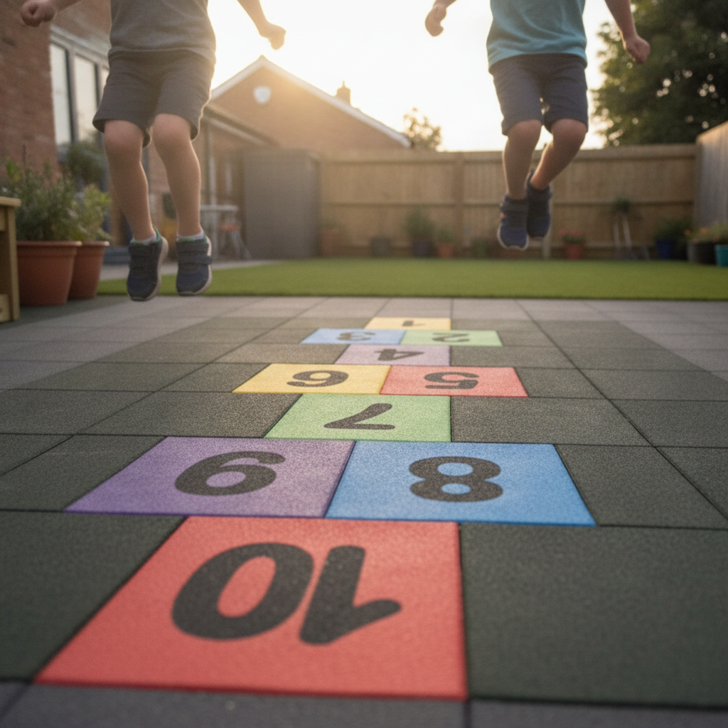 Rubber hopscotch tiles in UK garden — children jumping on colourful numbered tiles