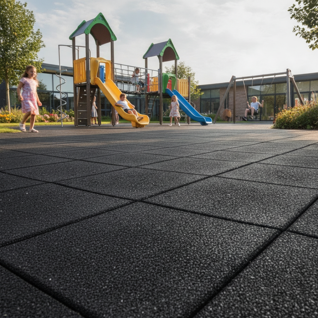 Black rubber playground tiles in UK school adventure playground — interlocking system