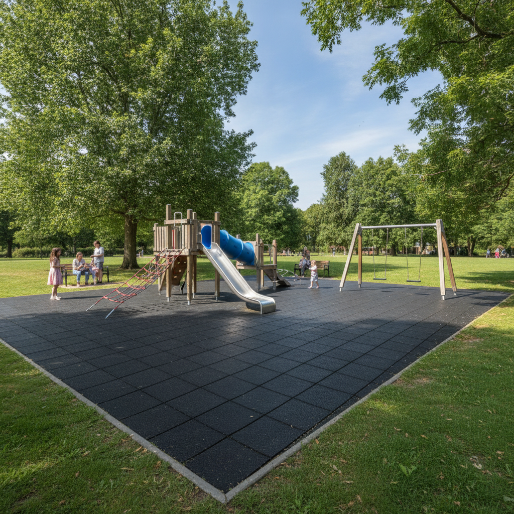 Black 20mm rubber playground tiles installed in UK public park play area
