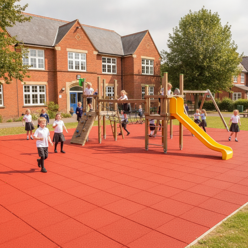 Red 30mm rubber playground tiles installed beneath UK primary school climbing frame