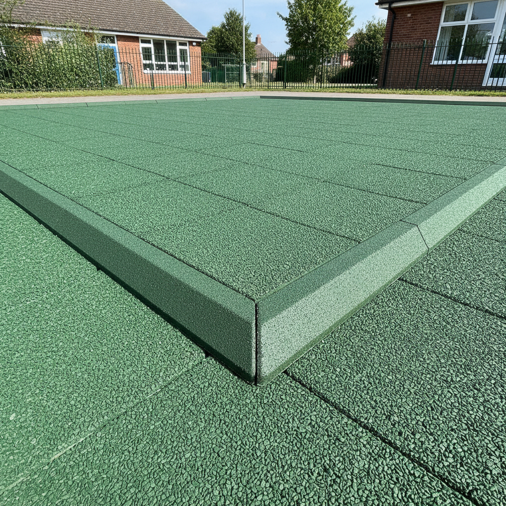 Green rubber playground corner piece installed at school playground outside corner