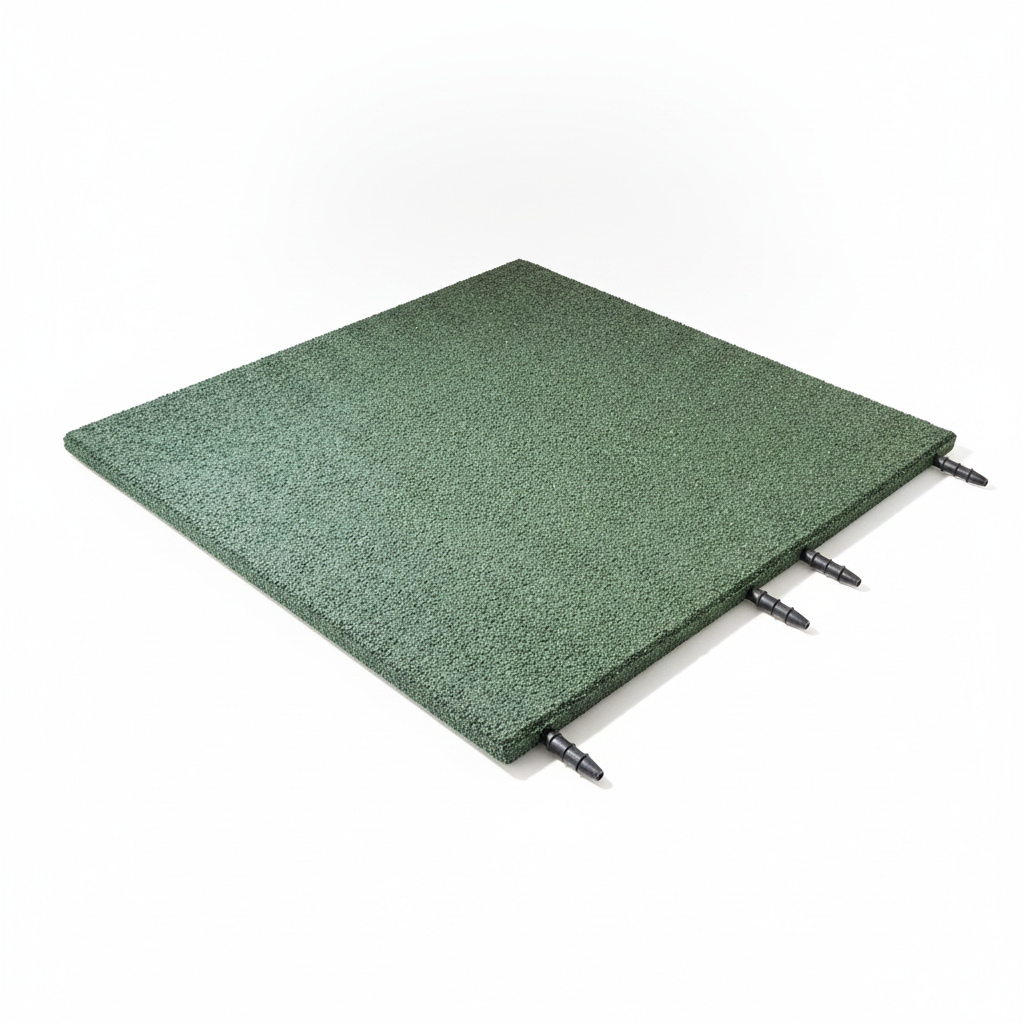 Green 30mm rubber playground tile on white background — 500mm x 500mm x 30mm