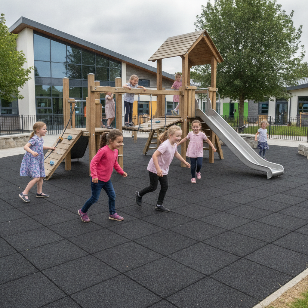 Rubber playground tiles in UK primary school playground — interlocking pin system visible