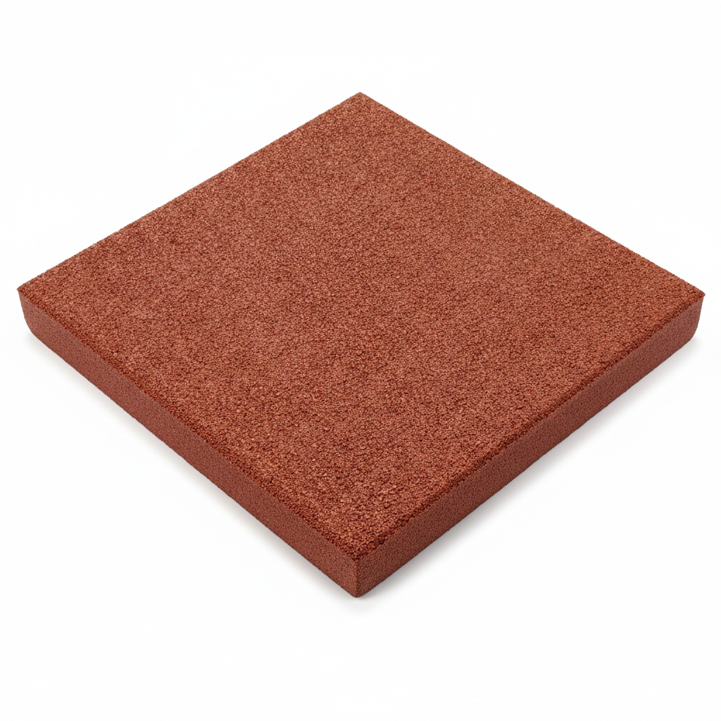 Red 30mm rubber playground tile on white background — 500mm x 500mm x 30mm