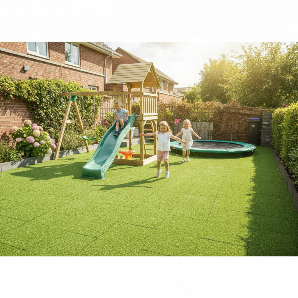 Rubber grass tiles as children's play area surface beneath wooden climbing frame
