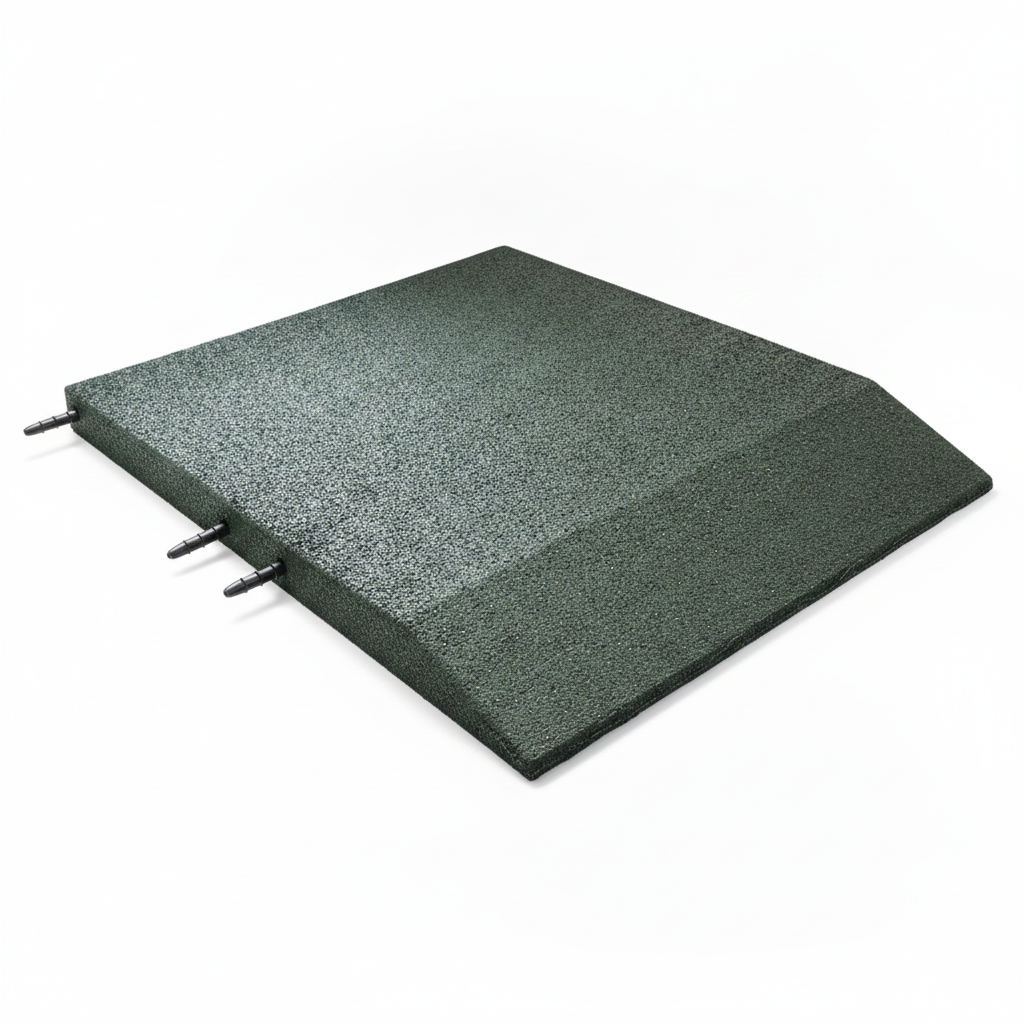 Green rubber playground ramped edge piece on white background — 500mm x 30mm