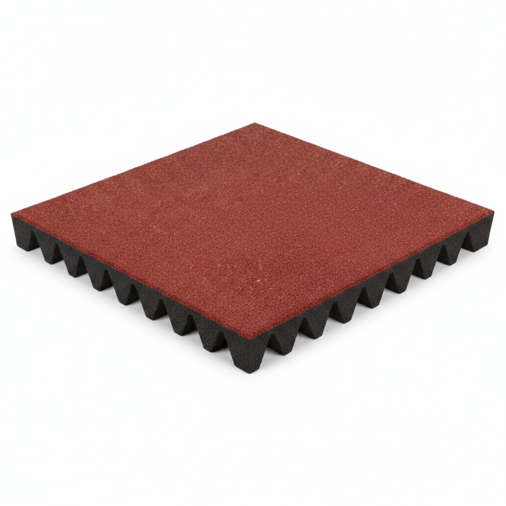 Single rubber playground tile on white background showing drainage channels on underside